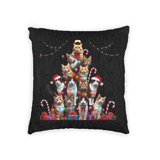 Christmas Cats Tree with Lights and Gifts Woven Pillows