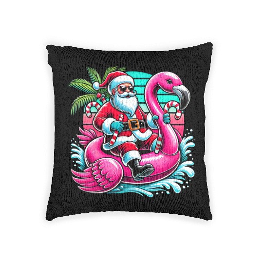 Santa Riding Flamingo in Tropical Christmas Fun Woven Pillows