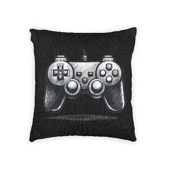 Gamer Controller Cartoon Charcoal Gaming Art Woven Pillows