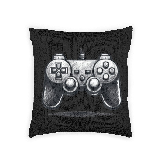 Gamer Controller Cartoon Charcoal Gaming Art Woven Pillows