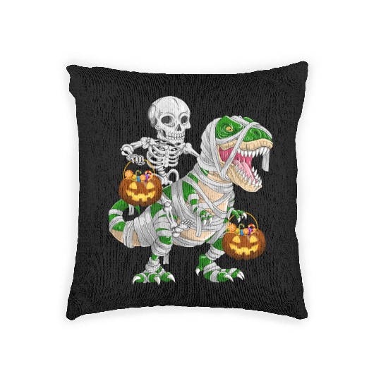 Skeleton Riding Mummy Dinosaur T rex Halloween Woven Pillows