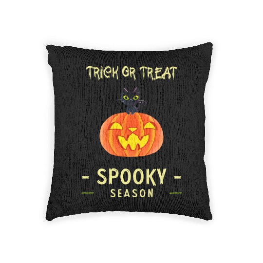 Spooky Season Trick or Treat Cat on Pumpkin Woven Pillows
