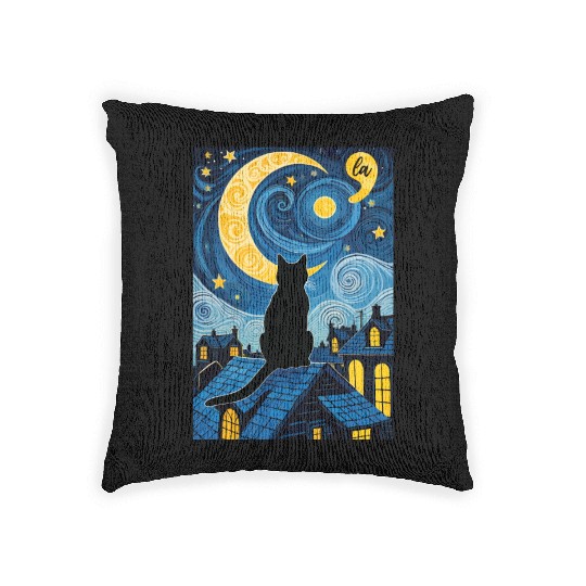 Halloween Starry Night Black Cat Comma La Harris Woven Pillows