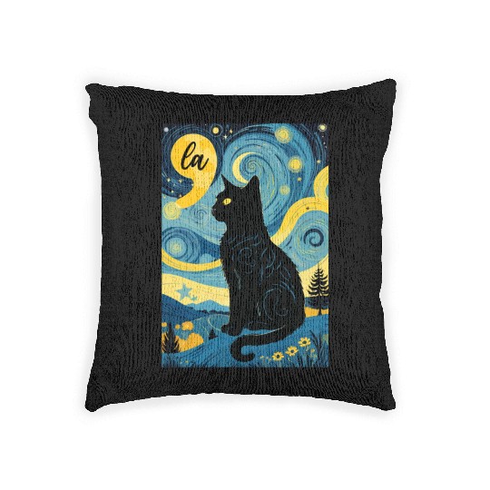Halloween Starry Night Black Cat Comma La Harris Woven Pillows