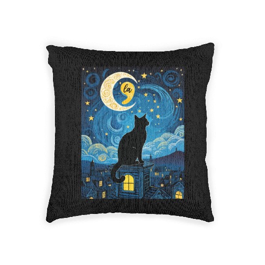Halloween Starry Night Black Cat Comma La Harris Woven Pillows