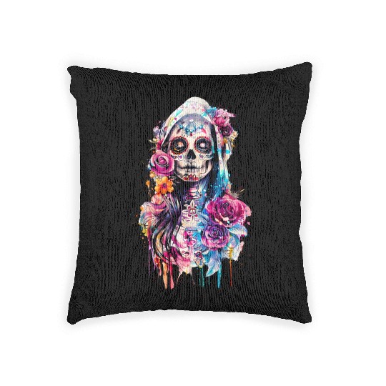 Santa Muerte Saint Mexican Folklore Dead Skull Woven Pillows