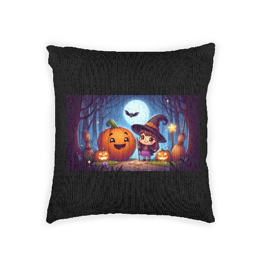 Halloween Witch and Jack-o'-Lantern Scene Woven Pillows