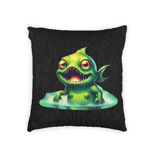 Green Monster Fish Emerge from the Deep Lake Scary Woven Pillows