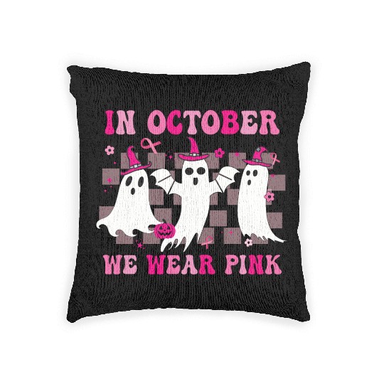In October We Wear Pink Wizard Ghosts Halloween Woven Pillows
