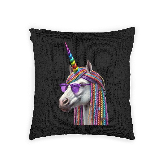 Rainbow Unicorn with Braids and Sunglasses Swag Woven Pillows