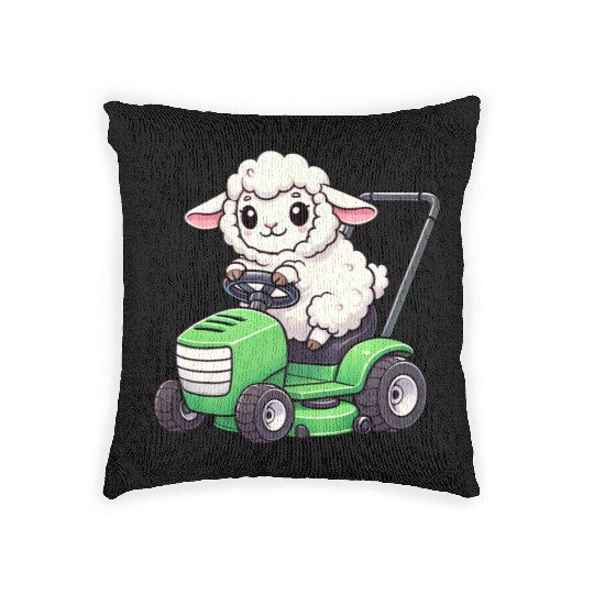 Funny sheep lawn mower farmer lamb grass Woven Pillows