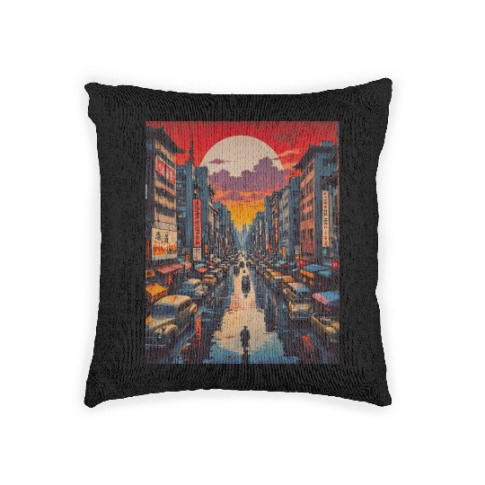 Twilight Reflections in Neon City Woven Pillows