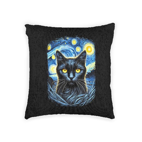 Funny Starry Night Black Cat Van Gogh Art Cat Woven Pillows