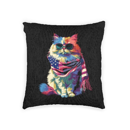 Persian Cat Patriotic US Flag Sunglasses Popart Woven Pillows
