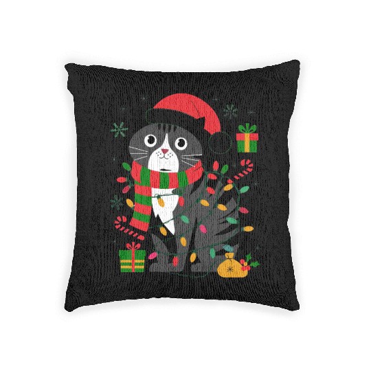 Cute Christmas Cat Design - Festive Lights Woven Pillows