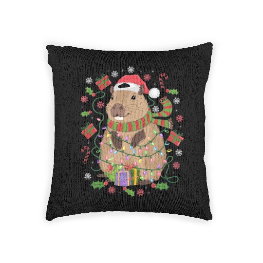 Cute Christmas Capybara - Holiday Lights and Gifts Woven Pillows