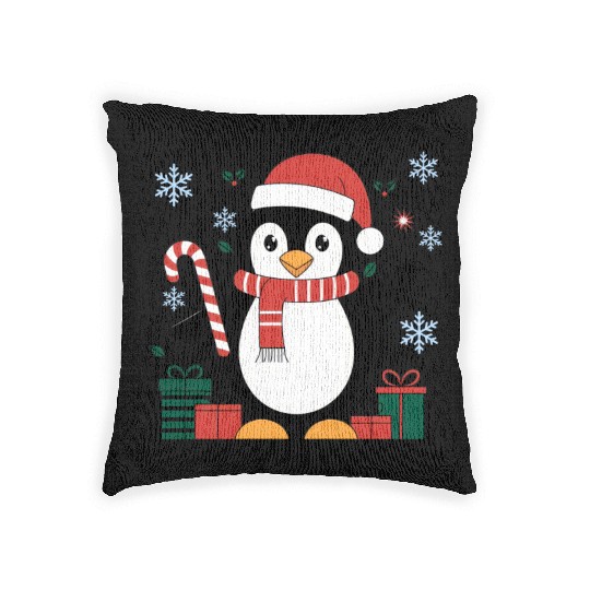 Cute Christmas Penguin - Candy Cane and Gifts Woven Pillows