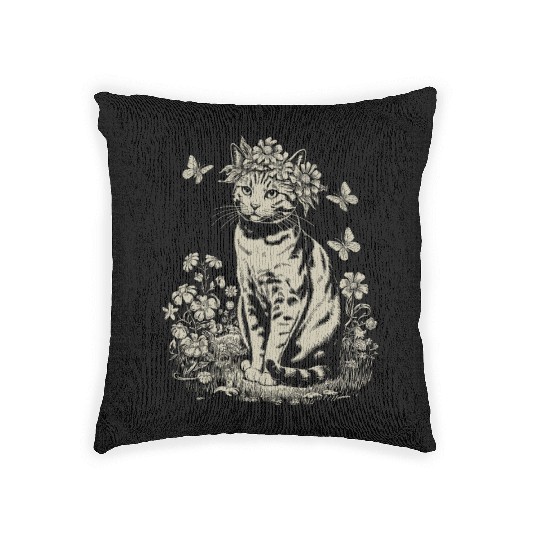 Cottagecore Cat with Flower Crown in Garden Woven Pillows