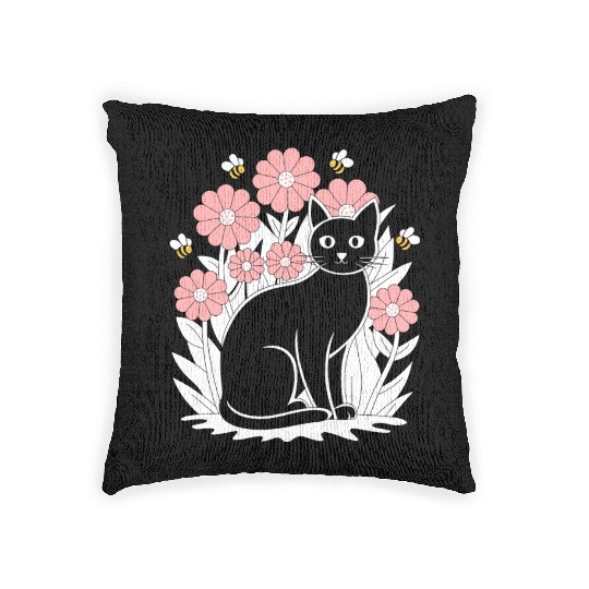 Cottagecore Black Cat with Flowers and Bees Woven Pillows