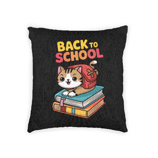 Playful Cat Back to School Illustration Woven Pillows