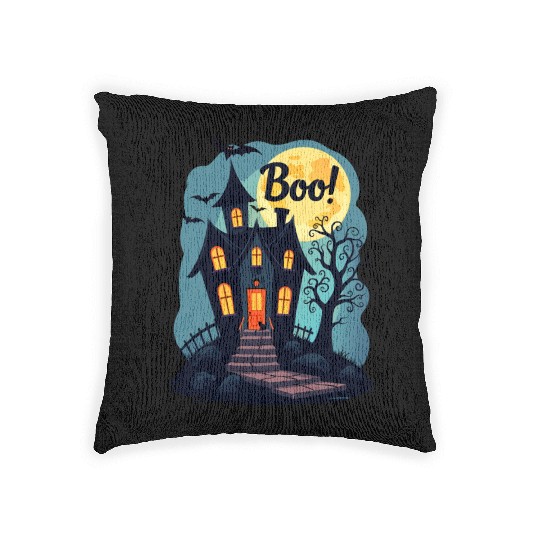 spooky haunted house with a black cat sitting Woven Pillows