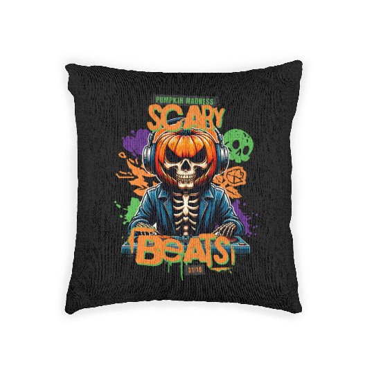 Pumpkin Madness Scary Beats Halloween DJ Design Woven Pillows
