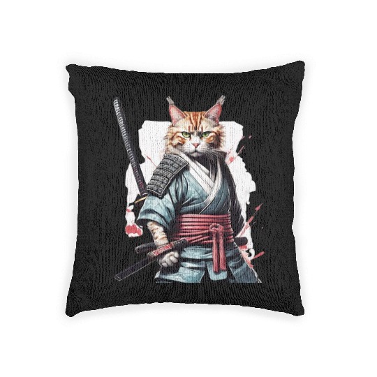 Fearless Samurai Cat Woven Pillows
