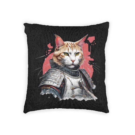 Samurai Cat in Armor Woven Pillows