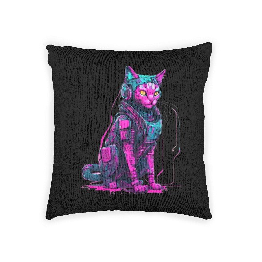Cyber Warrior Cat Woven Pillows