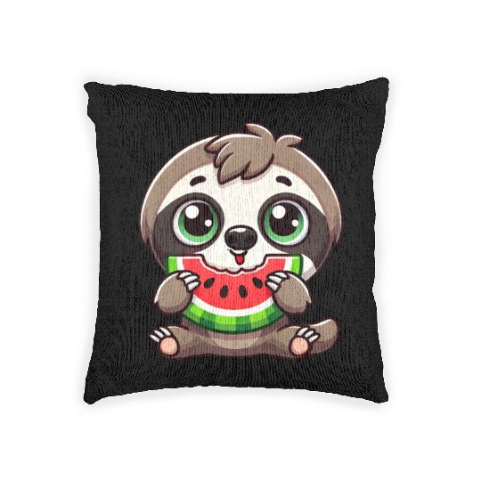 Sloth with watermelon cartoon summer vibes Woven Pillows