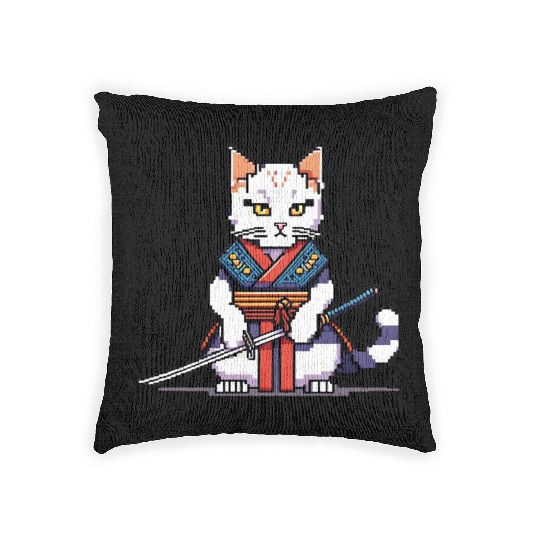 Pixel Samurai Cat Warrior Woven Pillows