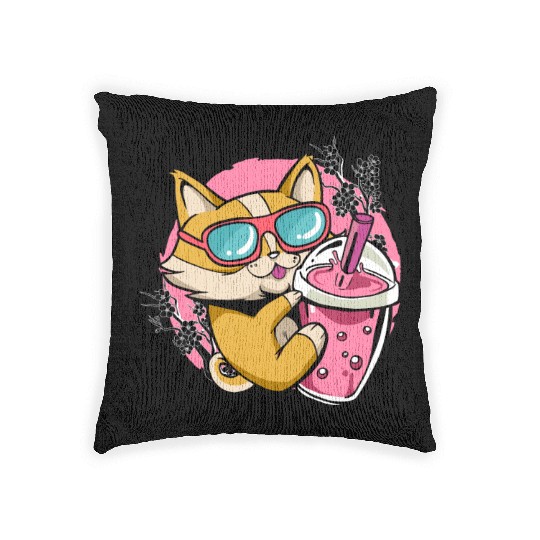 Kitten Kawaii Boba Milk Tea Drinking Cat Woven Pillows