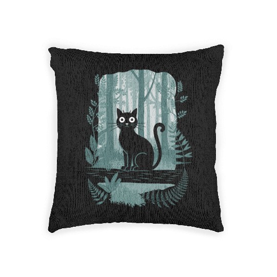 Cottagecore Black Cat In enchanting Forest Woven Pillows