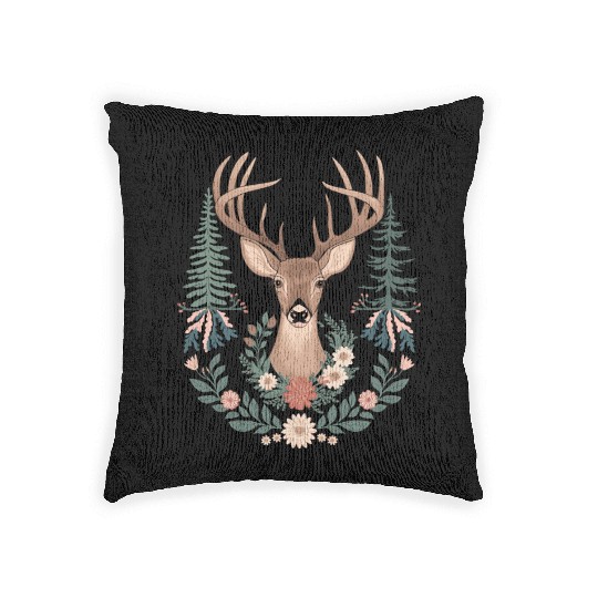 Cottagecore Deer with Floral Wreath and Evergreen Woven Pillows