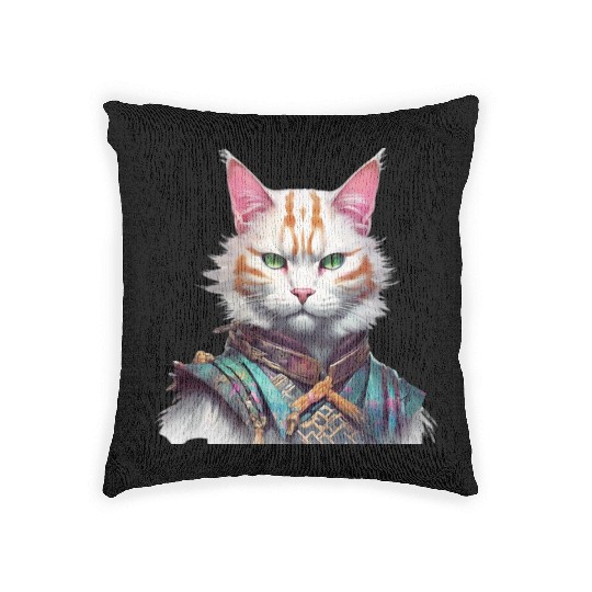 Samurai Cat Guardian Woven Pillows