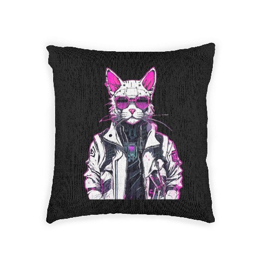 Cyberpunk Cat: Neon Outlaw Woven Pillows