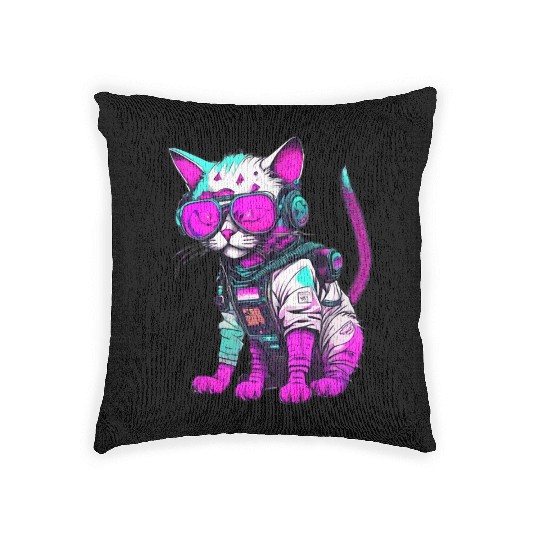Punk Space Cat with Neon Goggles Woven Pillows