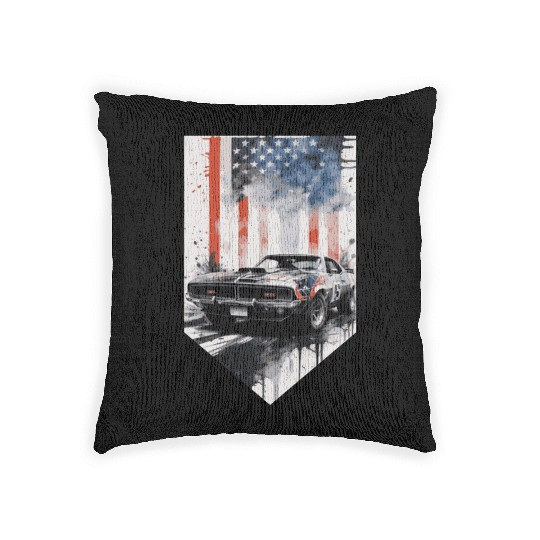Rev up your patriotism - Muscle car and usa flag Woven Pillows