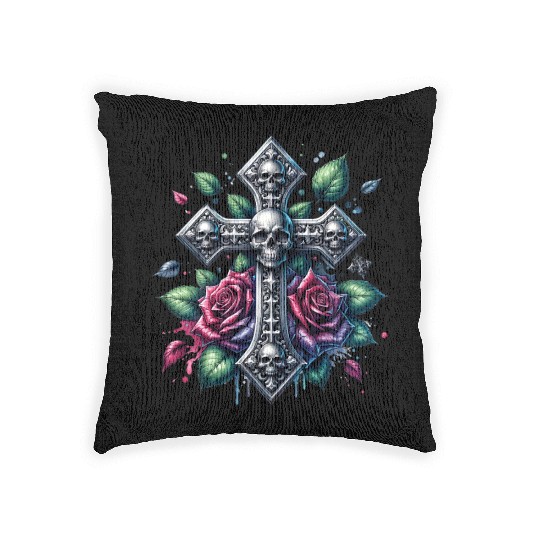 Gothic Collection - Cross, Skulls & Red Roses Woven Pillows