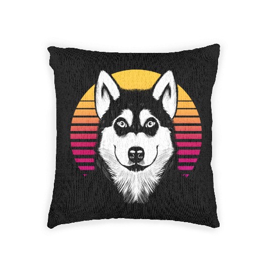 Retro Sunset Siberian Husky Dog Lover Dog Face Woven Pillows