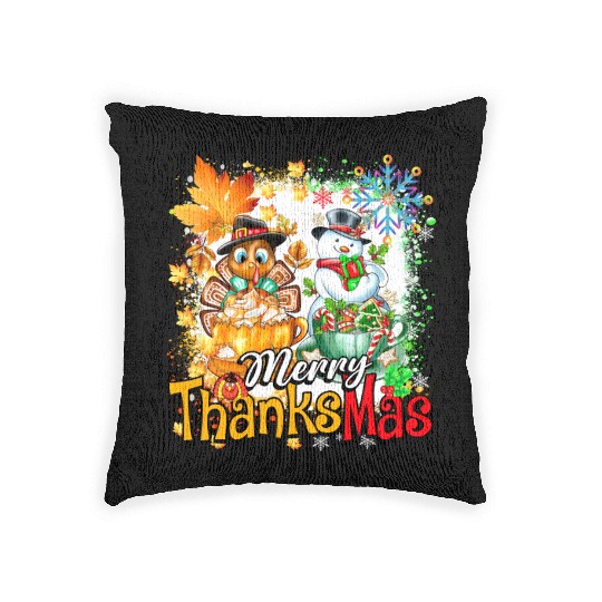 Merry Thanksmas Turkey Snowman Coffee latte cup Woven Pillows