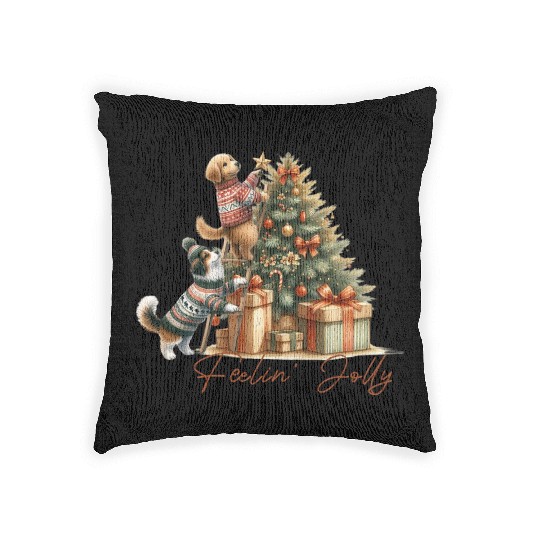 Feelin' Jolly - Cute Dogs Christmas Tree Fun Woven Pillows