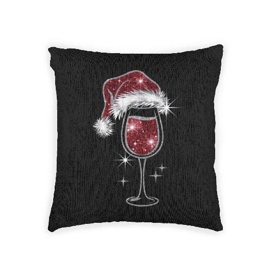 Glittery Wine Glass Christmas Santa Hat Design Woven Pillows