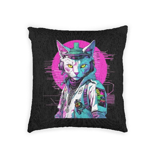 Neon Cyberpunk Warrior Cat Woven Pillows
