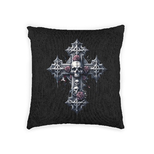 Gothic Cross Collection - Skulls and Red Roses Woven Pillows