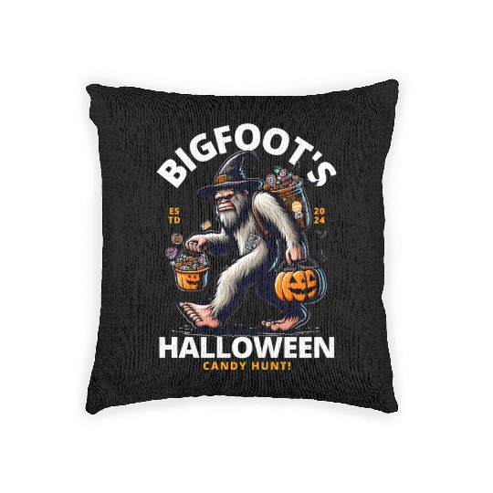 Bigfoot halloween candy hunt Woven Pillows