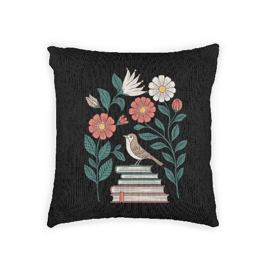 Cottagecore Bird on Books with Flowers Delight Woven Pillows