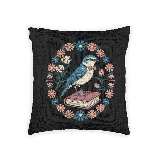 Cottagecore Bluebird on Book with Floral Frame Woven Pillows