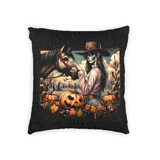 Haunting Cowgirl and Horse in Halloween Graveyard Woven Pillows