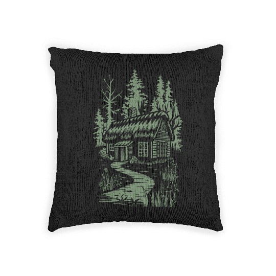 Dark Cottagecore Forest Cabin Fantasy Woven Pillows